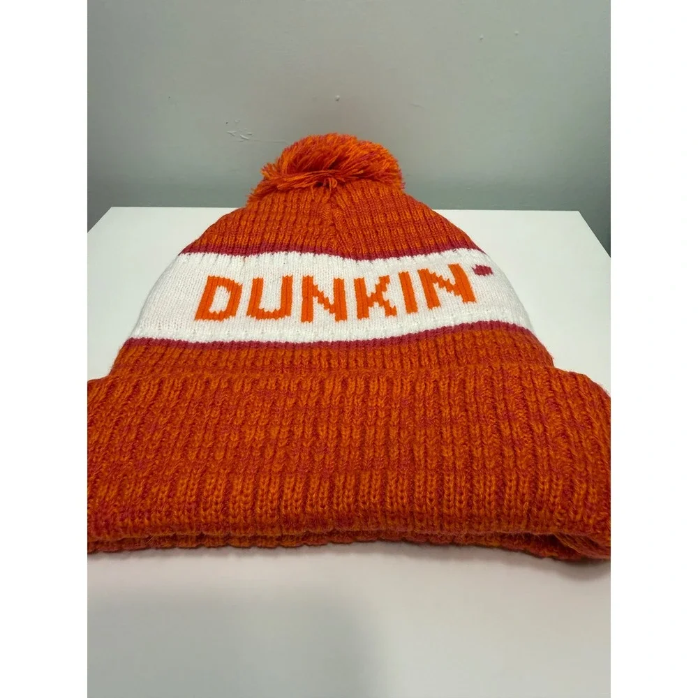 Dunkin' Beanie Unisex OS Orange Knit Pom Pom Cuffed Winter Hat Logo Merch